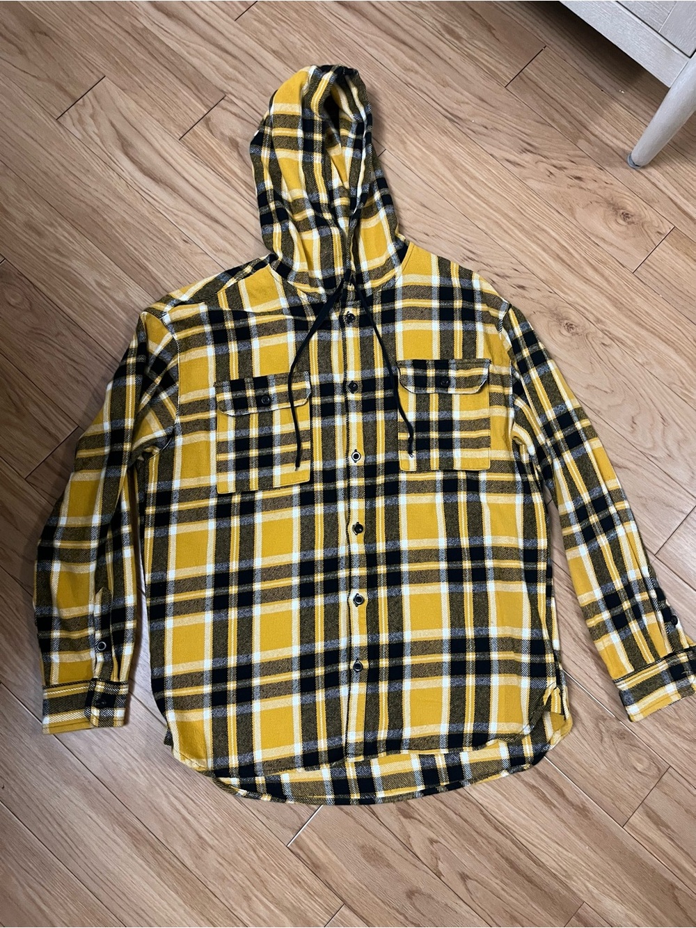 Forever 21 Yellow and Black Plaid Hooded Button-Down Shirt